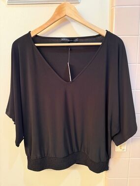 White House Black Market Black V-Neck Dolman Top with Smocked Hem
